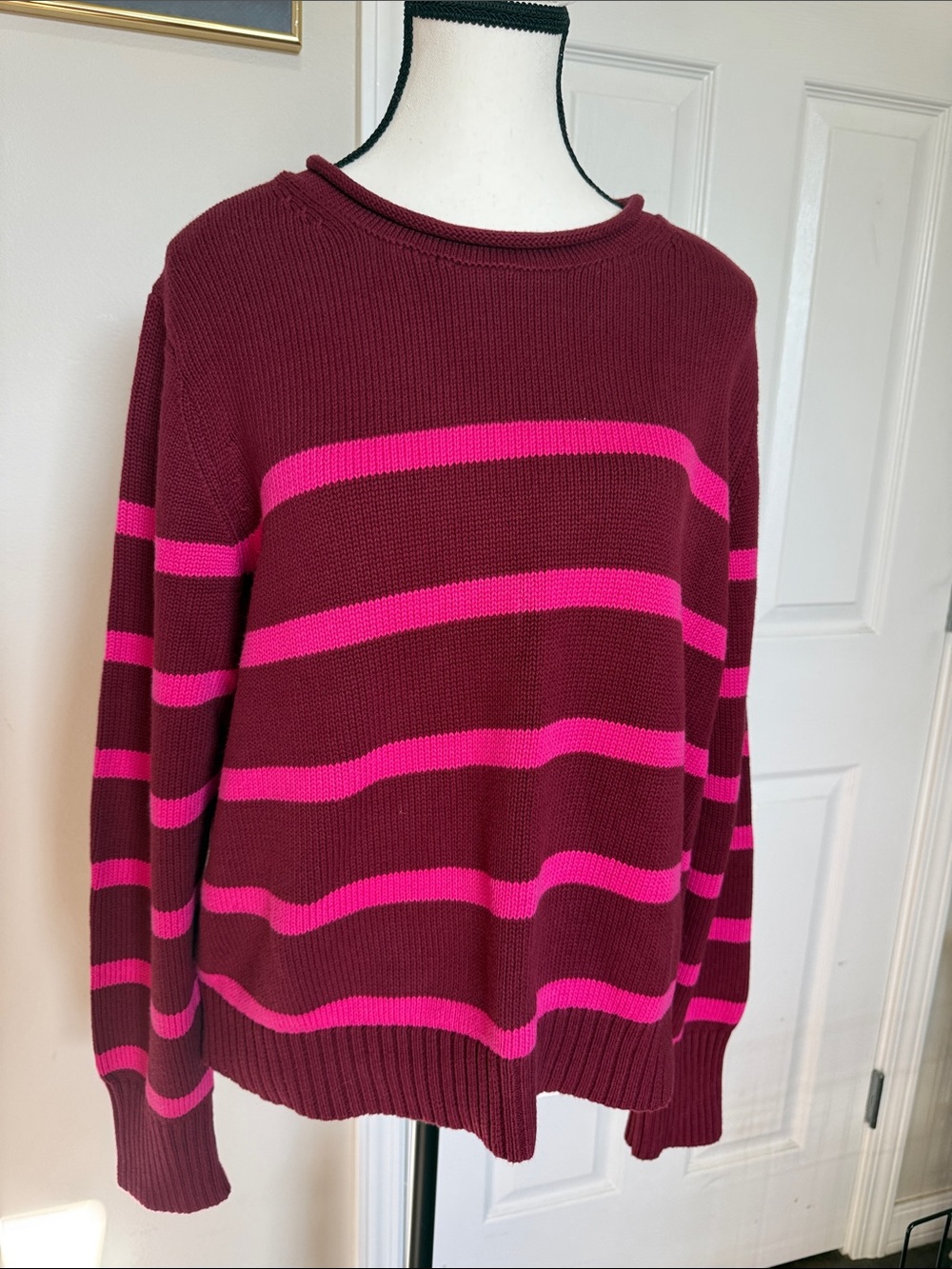 Gap Women’s Striped roll neck Crewneck Sweater in Maroon and Hot Pink Sz L